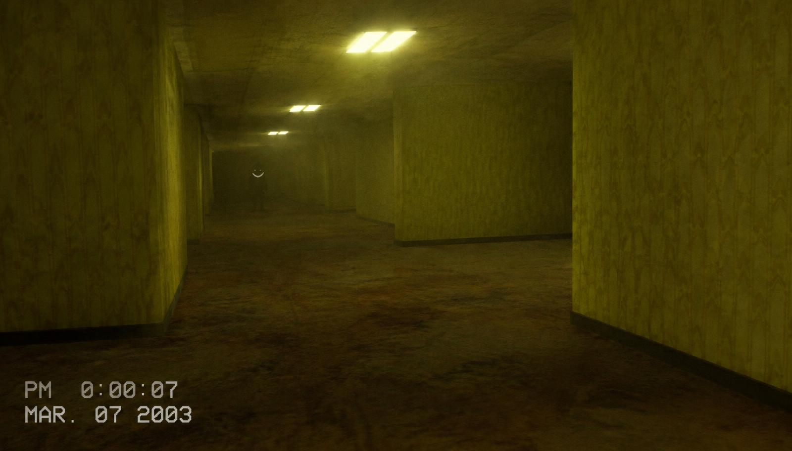 An endless yellow liminal hallway